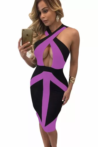 Vestido Moderno Halter Sexy Casual Negro Franjas Morado Con Escote Al Frente Antro Fiesta Table 