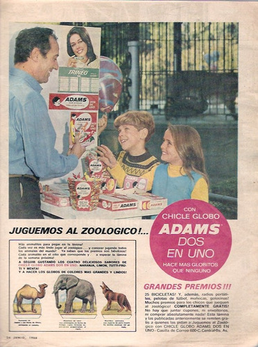 Antigua Publicidad  Chicle Adams Dos En Uno Zoologico