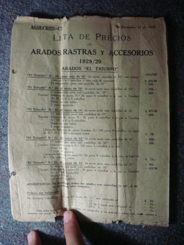 Folleto Agar Cross Lista Precios Arados Rastras Accesor 1928