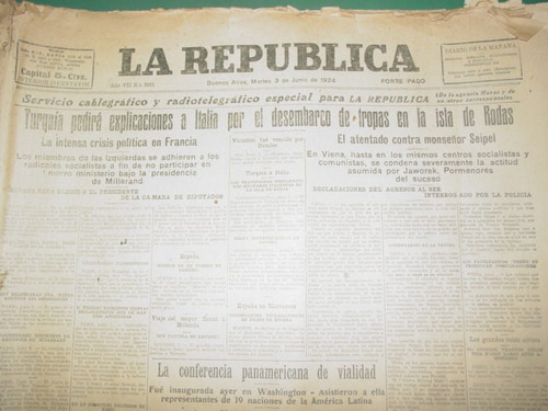 Diario La Republica 3/6/1924 Buenos Aires - Muchas Roturas