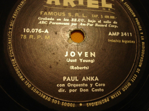Paul Anka Disco Pasta 78 Rock Joven / Y Así Es El  Leer