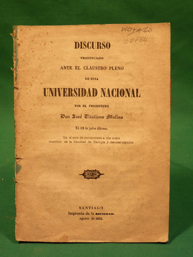 Molina, J. V. Discurso Pronunciado Ante El Claustro 1852