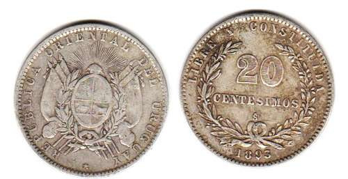 Moneda De Uruguay De Plata Año 1893 20 Centesimos Muy Buena-