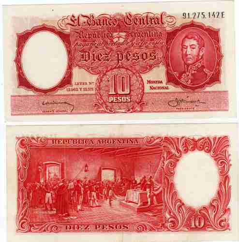 Billete 10 Pesos Moneda Nacional Bottero 1962 Sin Circular