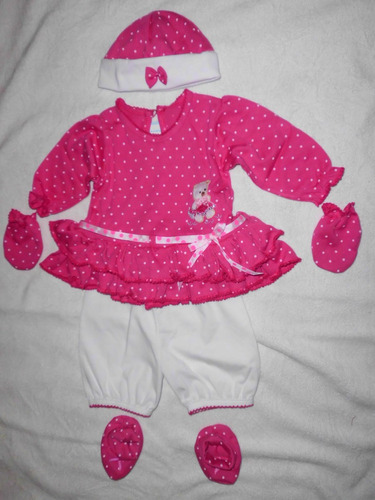 Conjunto Vestido Fucsia Canastilla Gorro Mono Bebe Niña 5pza