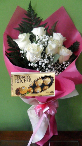 Ramo De 6 Rosas Blancas Y Bombon Ferrero Rocher Envio Gratis