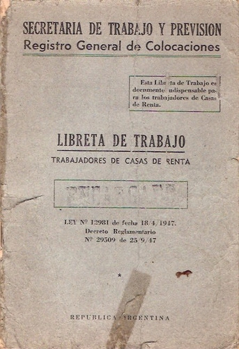Antigua Libreta Trabajo Trabajadores De Casas De Renta 1956