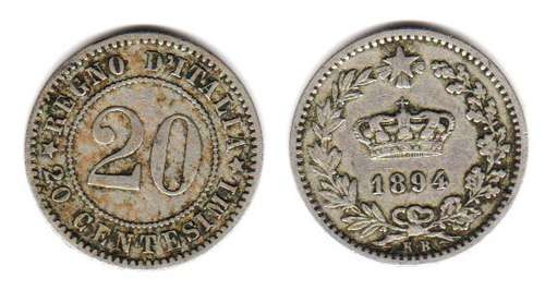 Moneda De Italia Año 1894 De 20 Centesimi Muy Buena
