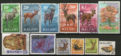 Malawi 12 Sellos Usados Temática Fauna Y Flora Años 1971-79 