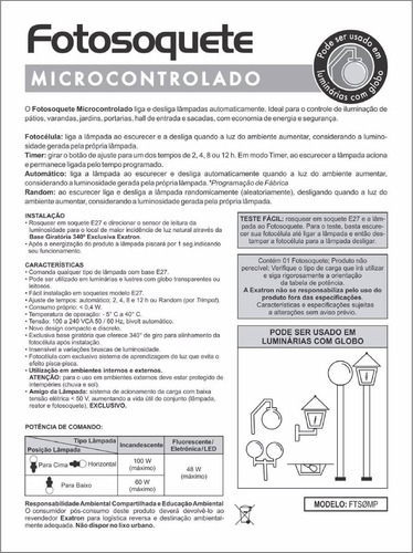 Soquete Fotoelétrico E27 Relé Automático Biv. Fts0mp Exatron