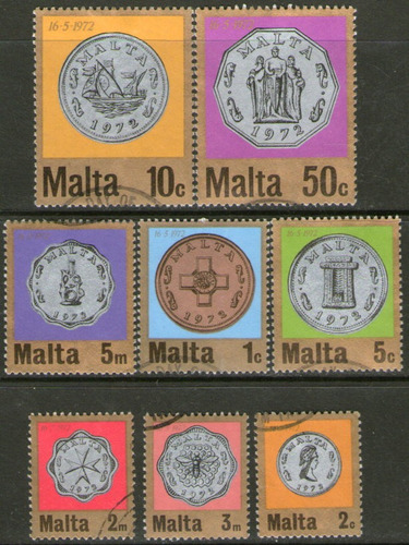 Malta Serie Completa X 8 Sellos Usados Monedas Año 1972