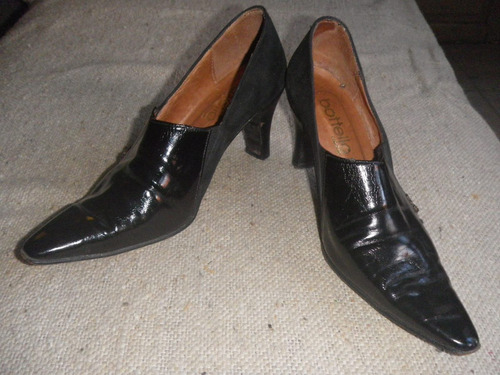 Zapatos Cuero Bottello En Gamuza Y Charol Negro - No Envio