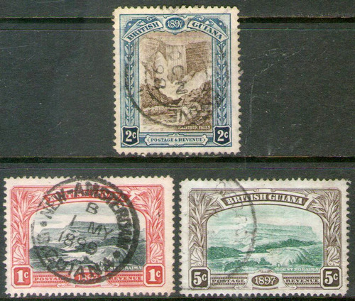 Guyana Británica 3 Sellos 60° Reina Victoria = Catarata 1898