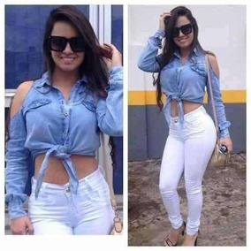 blusa feminina top cropped jeans de amarrar na frente