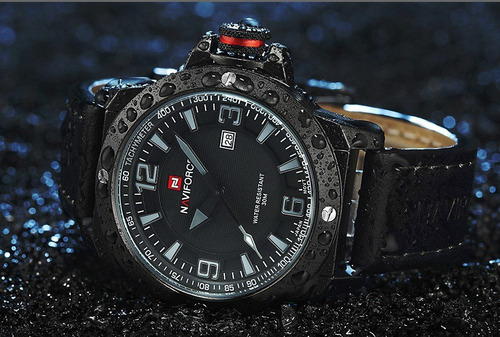 Relógio Masculino Couro Preto Analógico Naviforce + Nfe