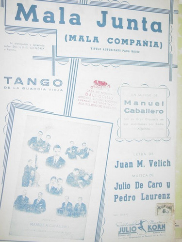 Partitura Tango Mala Junta Compañia Velich De Caro Laurenz
