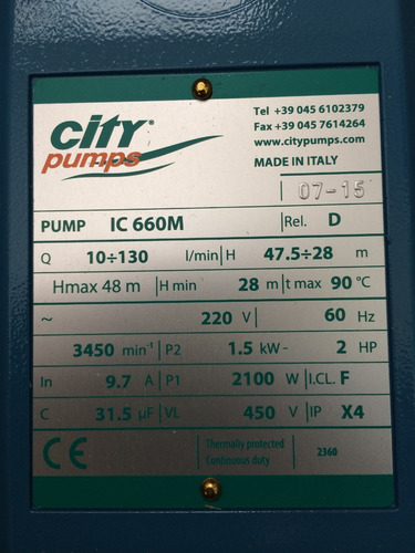 Bomba Centrifuga City Pedrollo 2 Hp, 220 V. Monof. Italiana.
