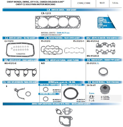 Juntas De Motor Chevy 1.6 Lts 1999-2006 Tf Victor Nuevo!!!!