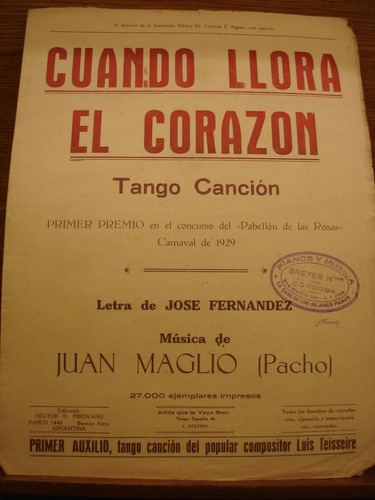 Partitura Cuando Llora El Corazón Tango Fernandez Maglio