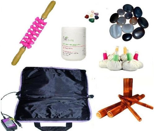 Kit Para Massagens C/pedras Quentes -bolsa110v+rolo+bambu