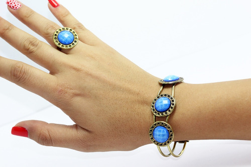 Pulsera Oro Viejo Piedras Azul Craquelado Y Anillo Pc225