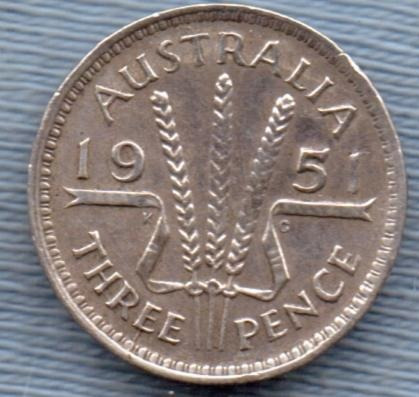 Australia 3 Pence 1951 Plata * George Vi *