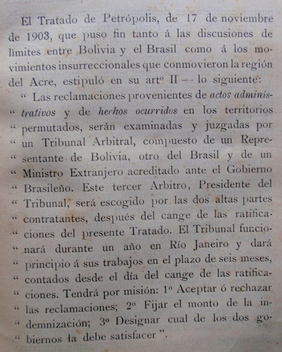 Guerra Del Acre Brasil Bolivia 1902 Reclamaciones Libro 1906 (Usado)