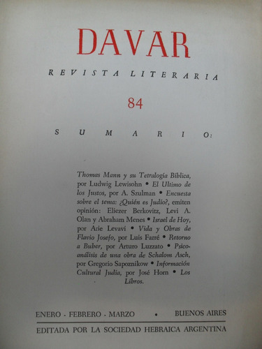 Davar Revista Literaria Nº 84 - Enero, Febrero, Marzo 1960