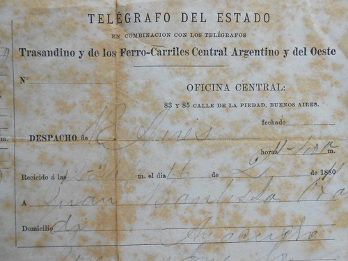 Telegrama Ferrocarril Año 1880 Telegrafos Del Estado.