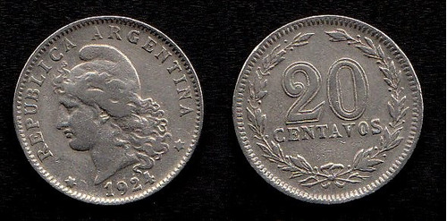 Argentina 1924 Moneda De 20 Centavos De Cuproniquel Cj#74