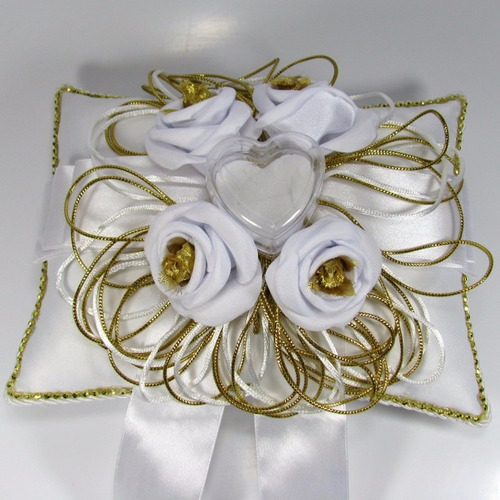 Almofada Porta Aliança Para Casamento - Dourado Com Branco
