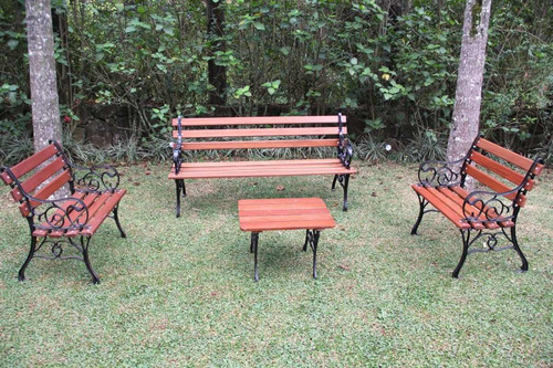Jogo De Bancos De Jardim Madeira E Ferro Fundido C/ 1 Mesa