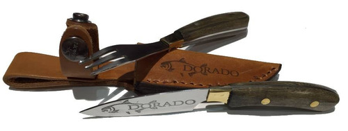Juego Cuchillo Tenedor Logo Dorado 17cm + Vaina De Cuero