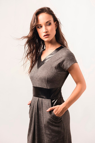 Vestido De Vestir Negro Crepe Con Raso Giacca