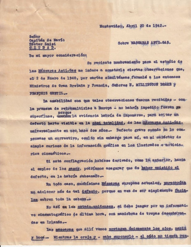 1942 Carta De Buenaventura Caviglia Sobre Mascaras De Gas