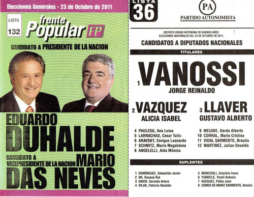 Boleta Electoral - Presidente Y Vice   Frente Popular   2011