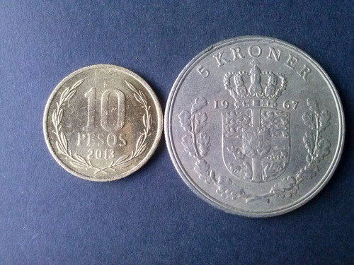 Moneda Dinamarca 5 Kroner Níquel 1967