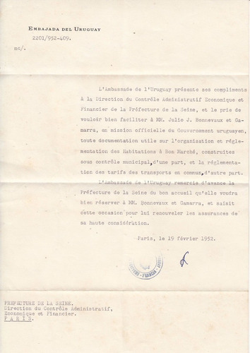 1952 Carta Embajada Uruguay En Francia A Prefecture Seine