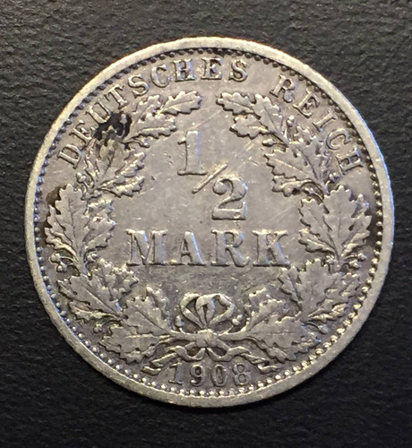 Ale298 Alemania Imperio 1/2 Mark 1908 G F-vf Plata Ayff