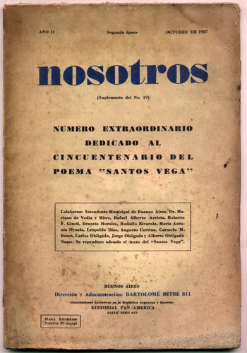 Nosotros. Suplemento Del Nº 19. Dedicado Santos Vega 1937