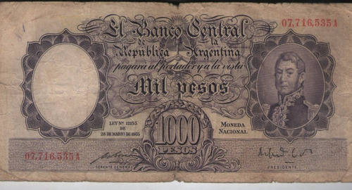 Billete Argentina $1000 A.1952 Colo 526d  F