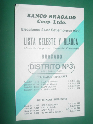 Bragado Boleta Elecciones Banco Bragado Lista Celeste Blanca