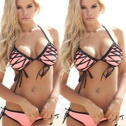 Bikini Traje De Baño Mujer Rosa Con Listones 