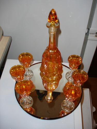 Antiguo Set De Licorera Y Copitas Cristal Carnival Glass