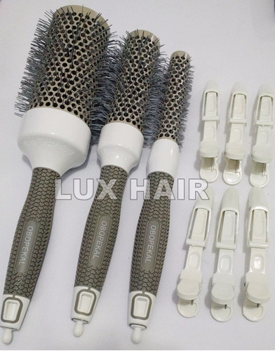 Kit 3 Escovas Térmicas Cerâmica + 6 Presilhas Crocodilo