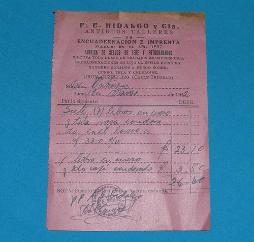 Antigua Boleta Encuadernación Imprenta Hidalgo Lima 1942