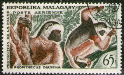 Malagasy Sello Aéreo Usado Fauna: Lémures X 65fr. Año 1961 
