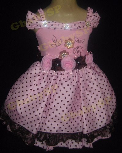 Vestido De Festa Infantil Bebê - Poá Rosa E Marrom Bolinhas