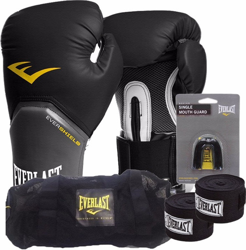 Kit Boxe Everlast Bolsa + Luva + Band + Bucal - 12oz Preto