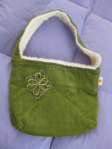 Cartera Corduroy Verde Adorno Flor Bisuteria Diseñadora